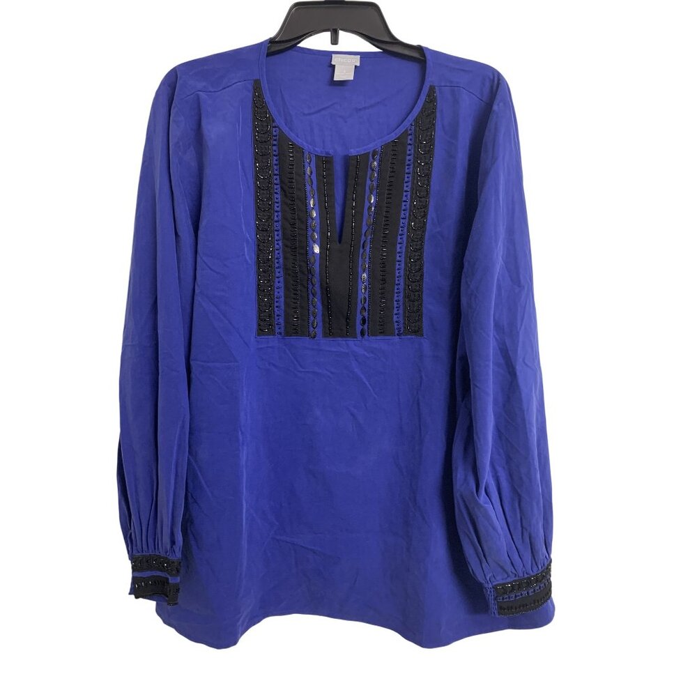 Chicos Size 4‎ Blue Grandmacore Winter Evening Blouse Beaded